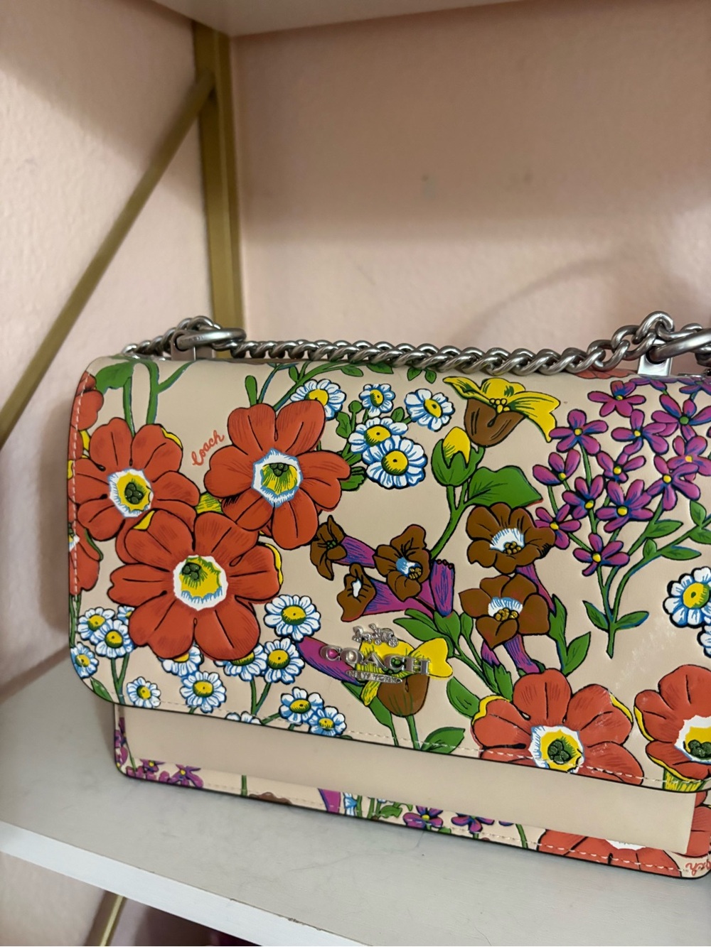 Coach Floral Leather Shoulder Bag - Beige with Orange & Purple Flowers